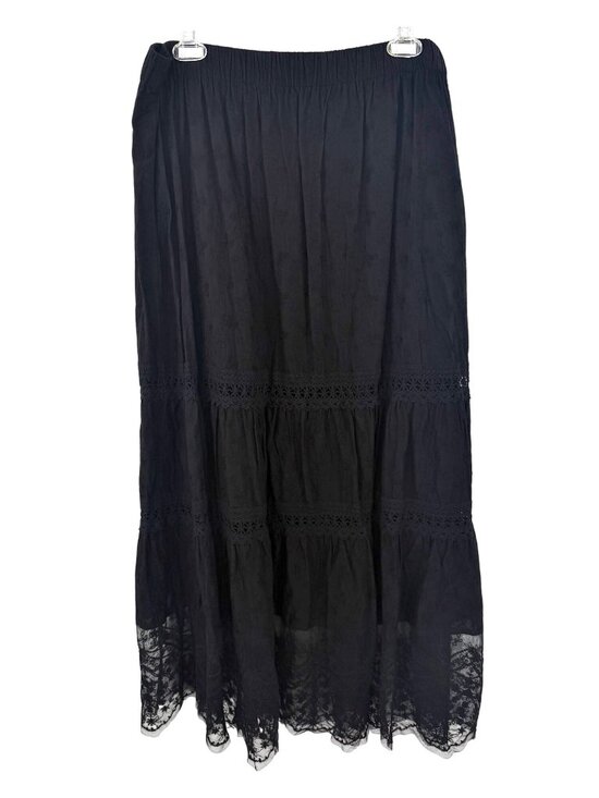 Susan Graver Dresses & Skirts - SUSAN GRAVER BLACK TIERED BOHO CROCHET MAXI SKIRT W/ LACE BOTTOM - L
